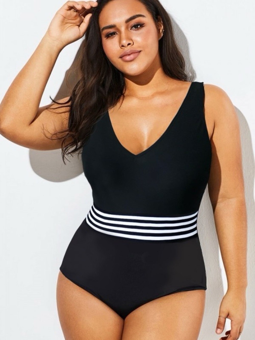 Black V-Neck One-Piece Swimsuit with Striped Waist